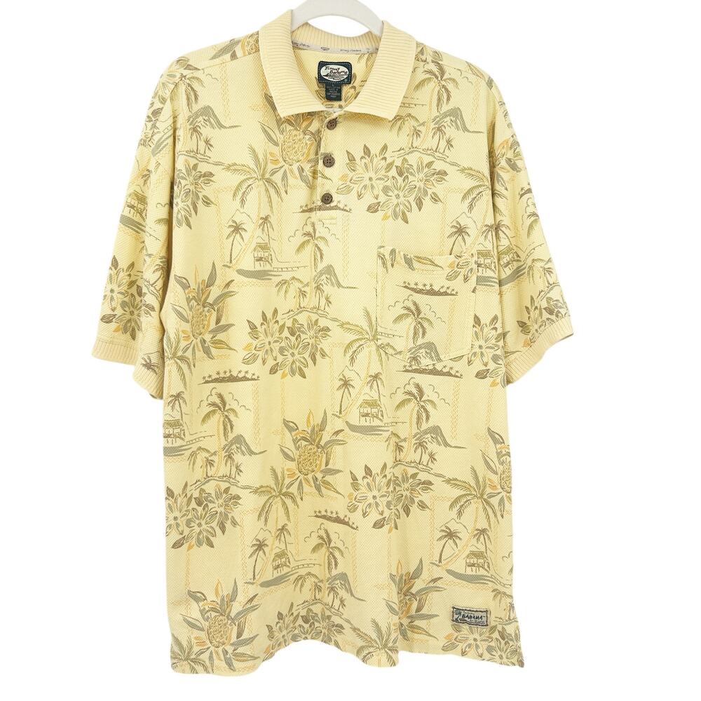 Tommy Bahama Mens Textured Cotton Tropical Floral Hawaiian Polo Shirt Size L
